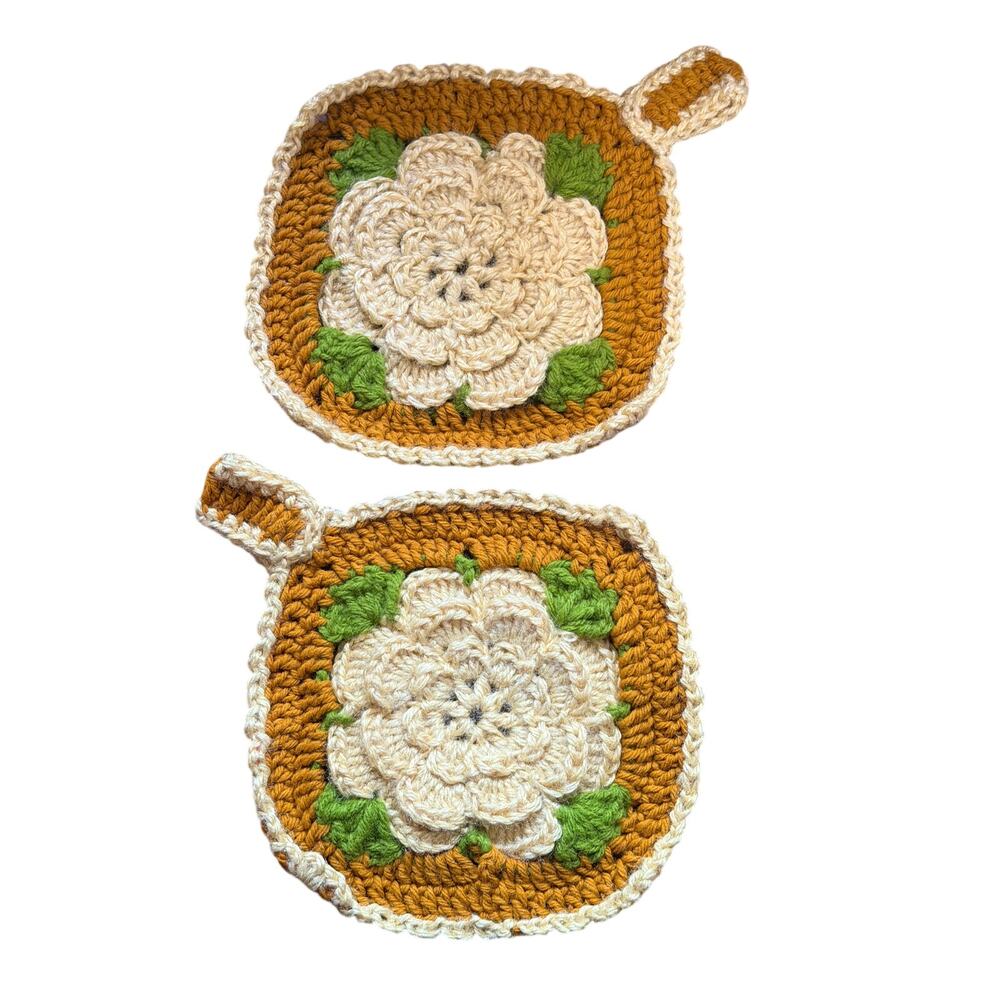 Vintage Crochet 3D Flower Pot Holders Trivets Set Of 2